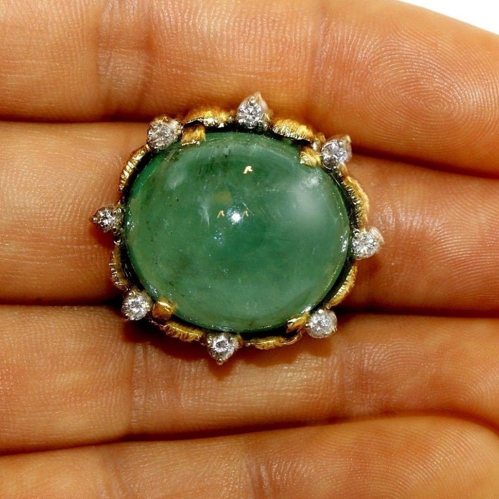 Oval Emerald Diamond Cocktail Ring 18k YG 50.25Ct - Picture 3 of 7